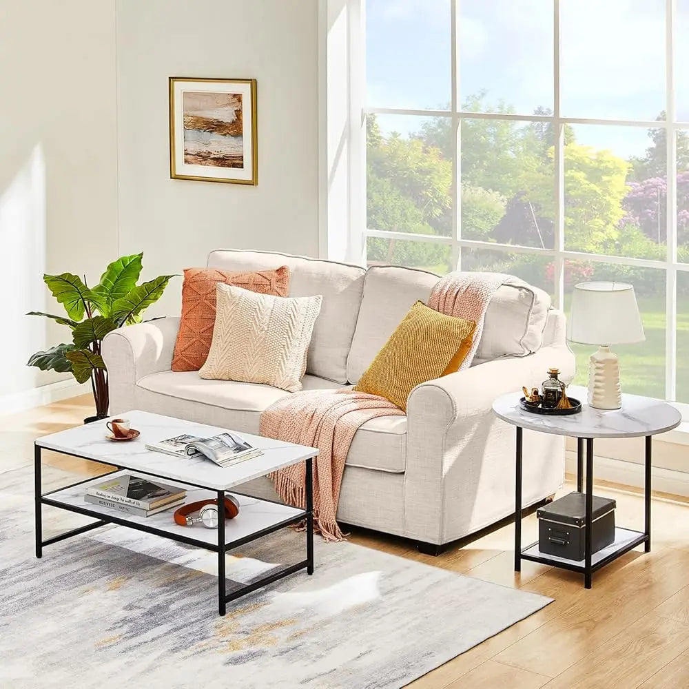 Coffee Table, White Modern Coffee Tables For Living Room, Detachable 2 Small Coffee Tables, Faux White Marble