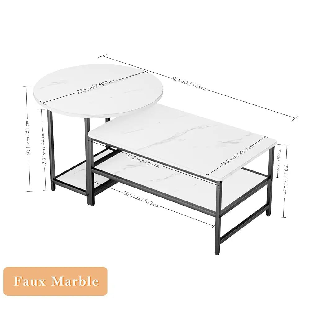Coffee Table, White Modern Coffee Tables For Living Room, Detachable 2 Small Coffee Tables, Faux White Marble