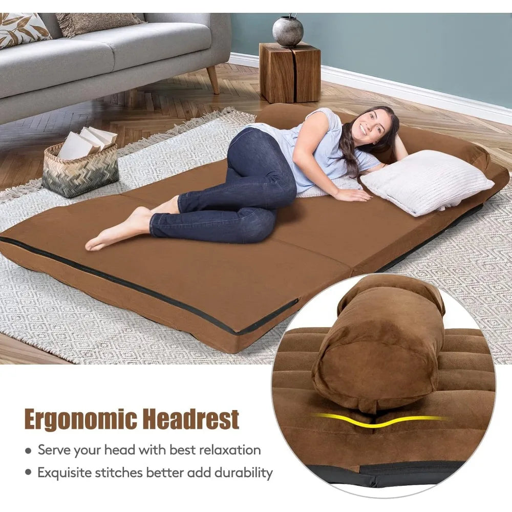 Foldable Floor Sofa, 6-Position Adjustable Lounge Couch with 2 Pillows & Suede Cloth Cover, Modern Lounge Mattress Video