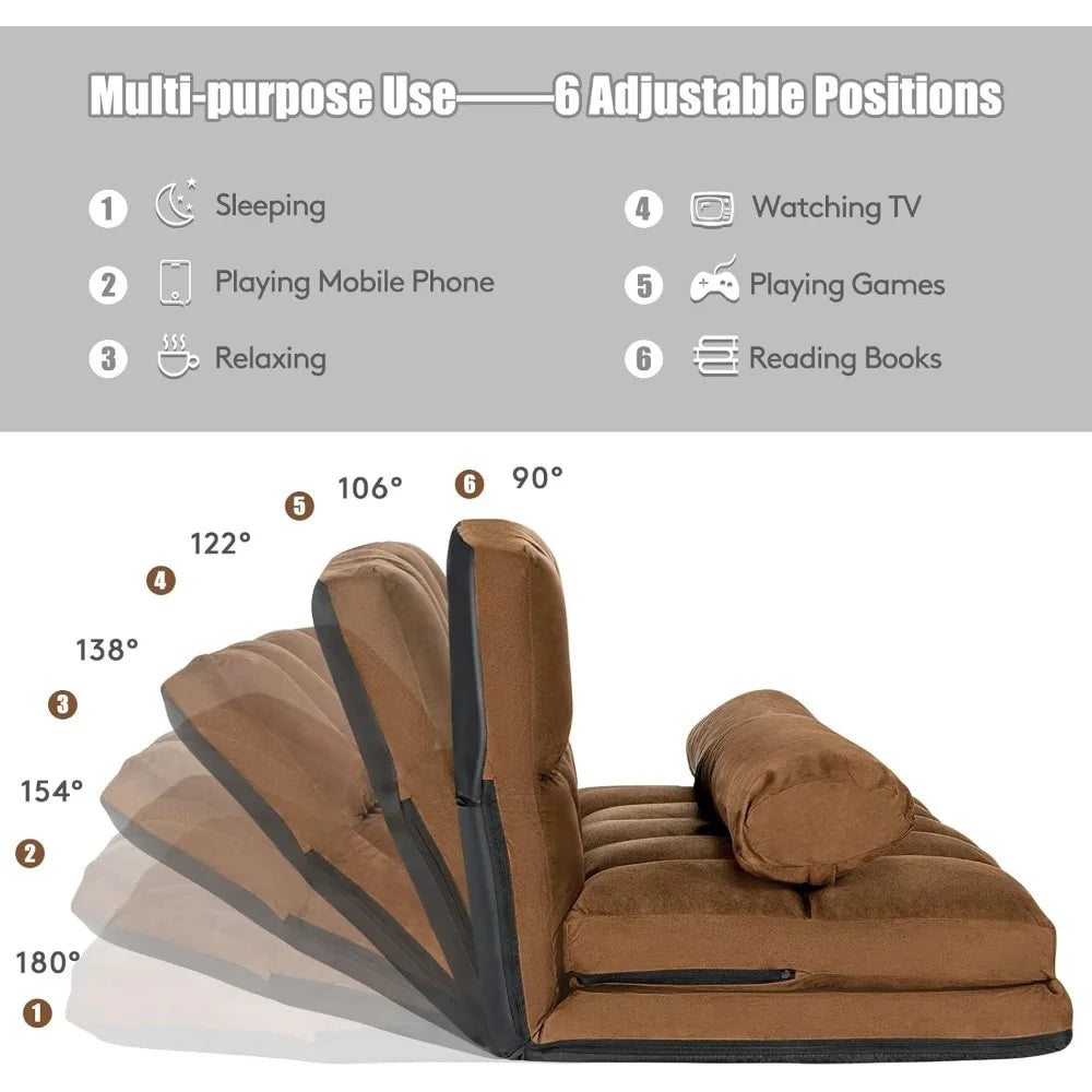 Foldable Floor Sofa, 6-Position Adjustable Lounge Couch with 2 Pillows & Suede Cloth Cover, Modern Lounge Mattress Video