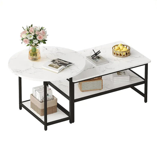 Coffee Table, White Modern Coffee Tables For Living Room, Detachable 2 Small Coffee Tables, Faux White Marble